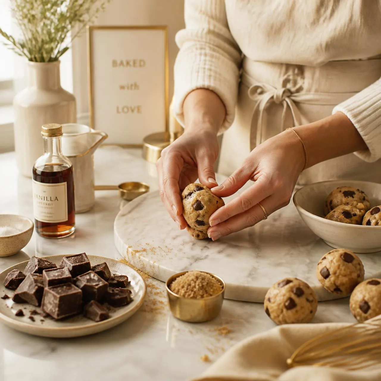 Hands shaping cookie dough on a marble counter in a small home kitchen